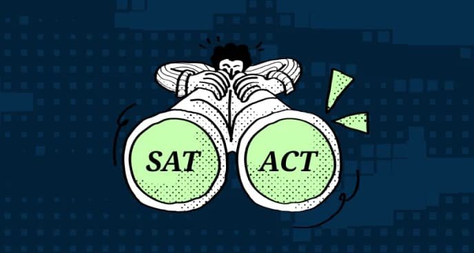 Illustration of a student looking through binoculars labeled SAT and ACT