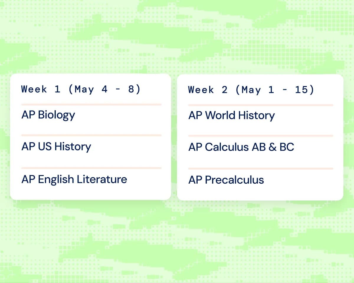 2026 AP exam schedule showing Week one May 4 through 8 and Week two May 11 through 15 with subjects in each week