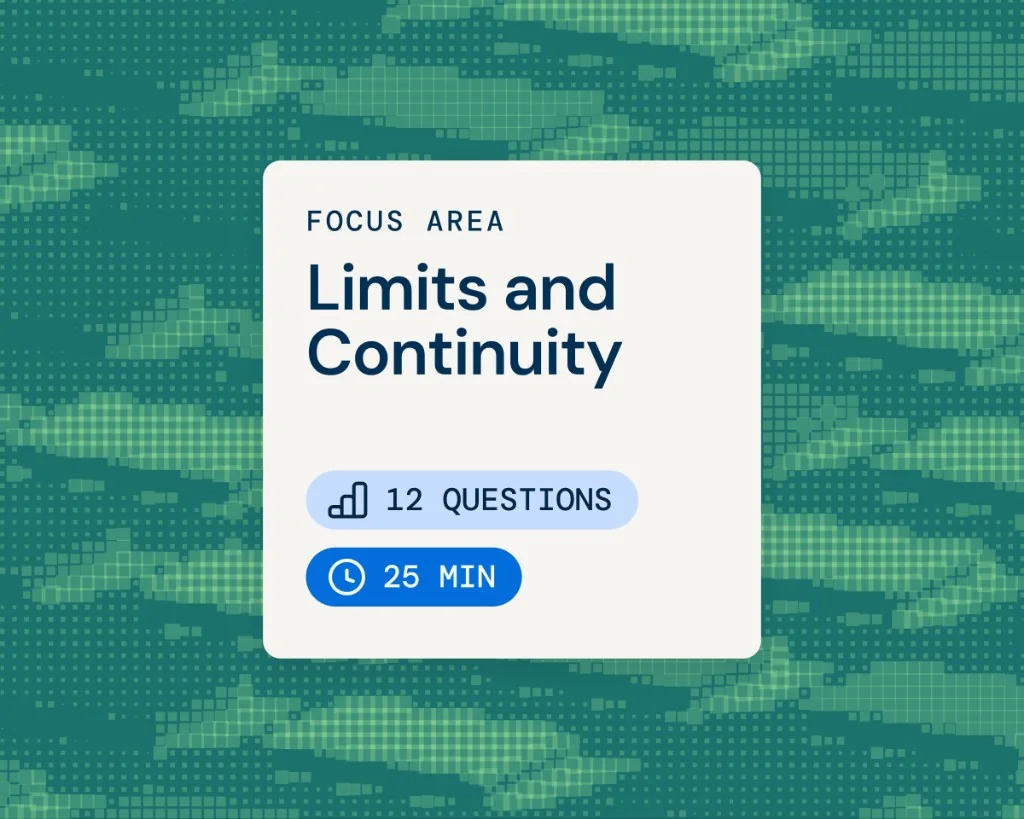 Focus area card for Limits and Continuity with question count and study time on Incublia