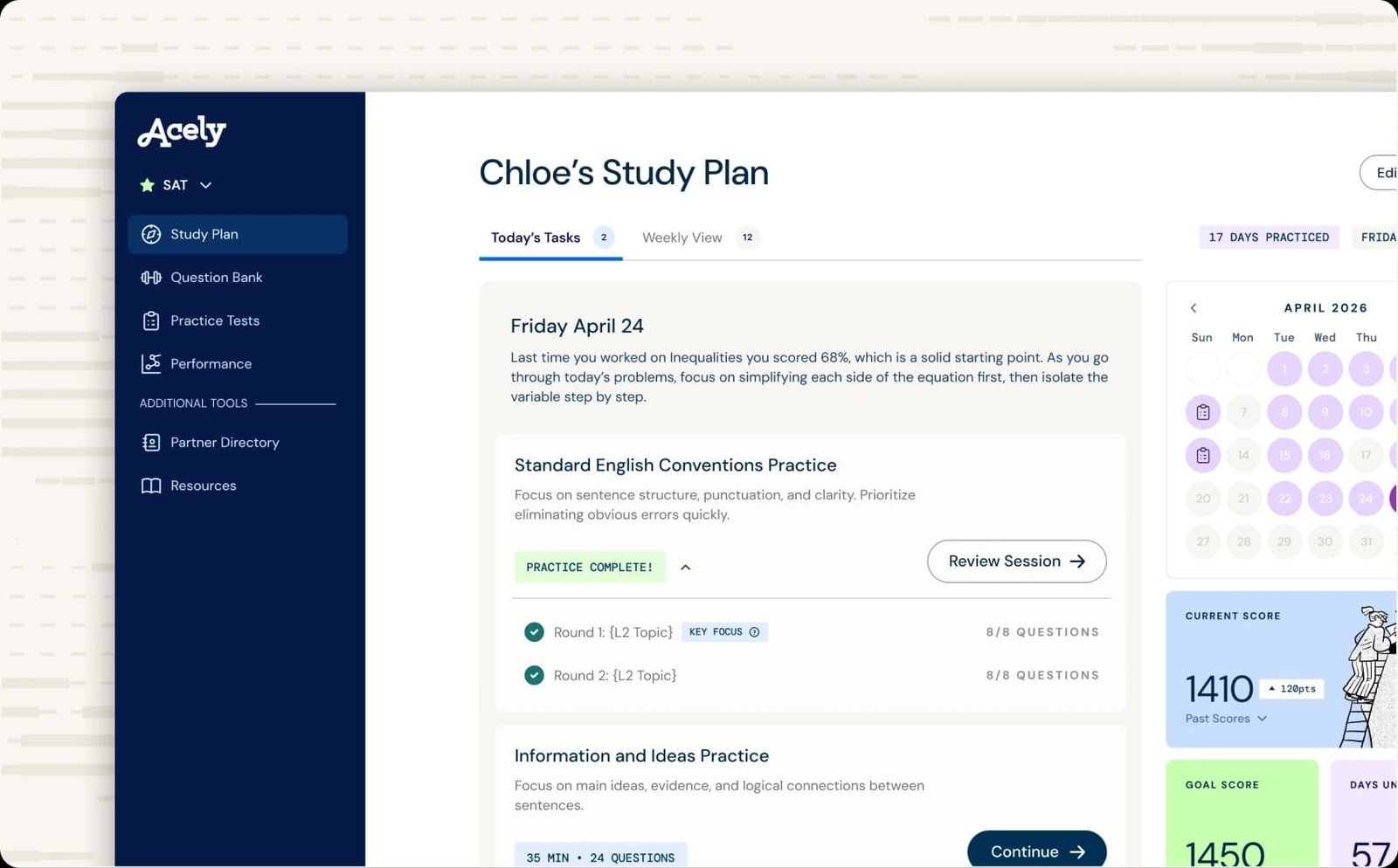 Chloe’s Study Plan in Incublia: today’s tasks, personalized coaching note, calendar, current and goal scores, and days until test