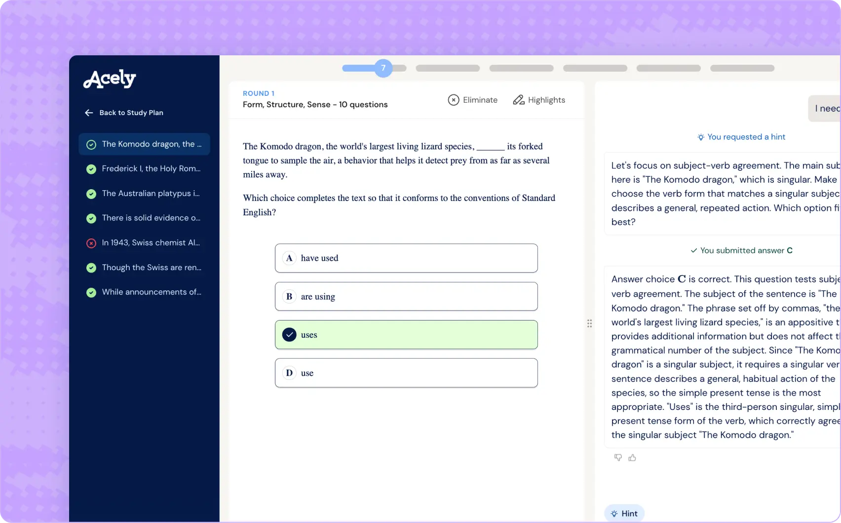 Incublia practice question with Komodo dragon grammar item, selected answer, and side panel showing a requested hint and step-by-step explanation