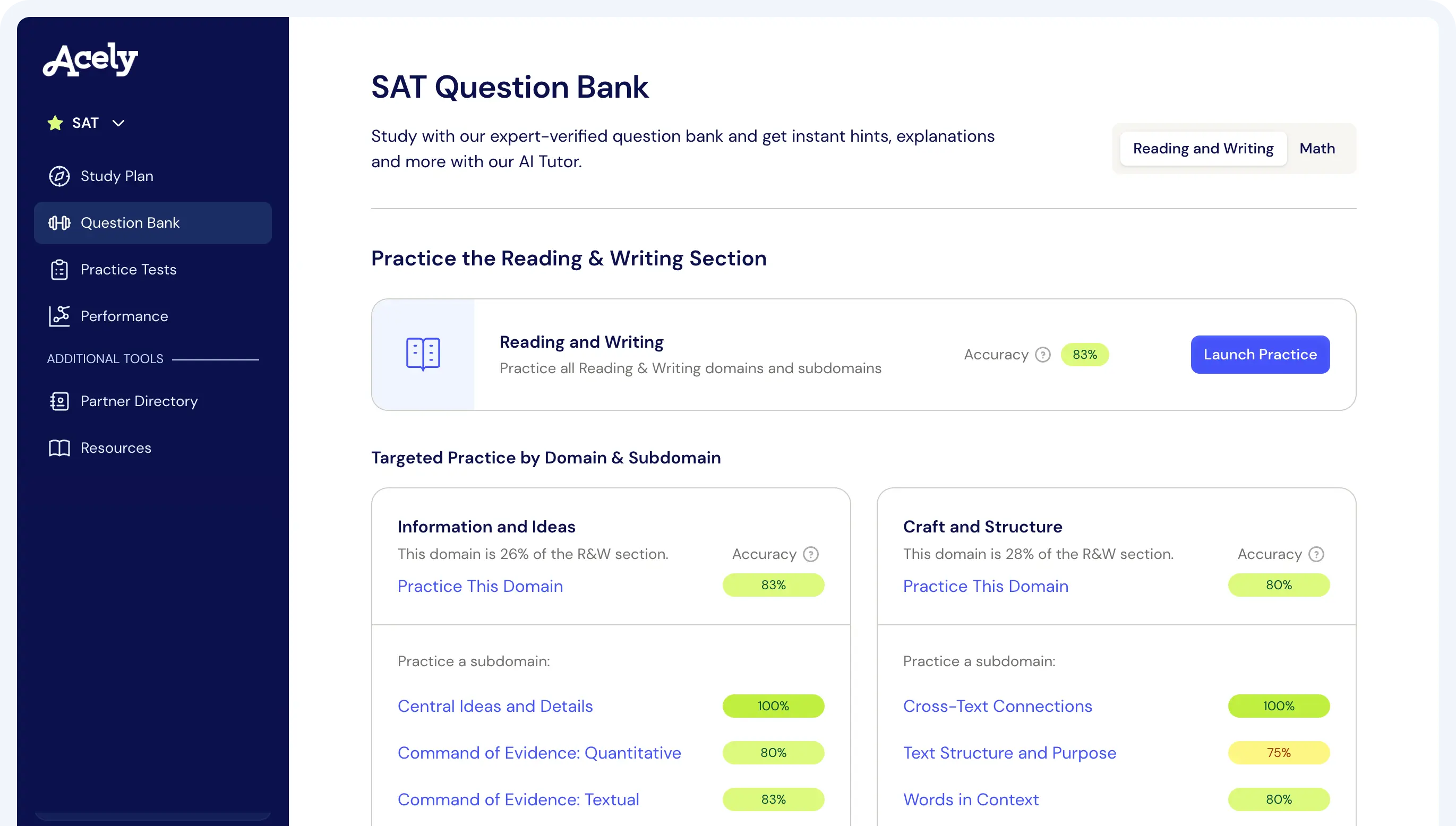 Incublia SAT Practice page with sidebar navigation, Reading and Writing section, and targeted practice by domain