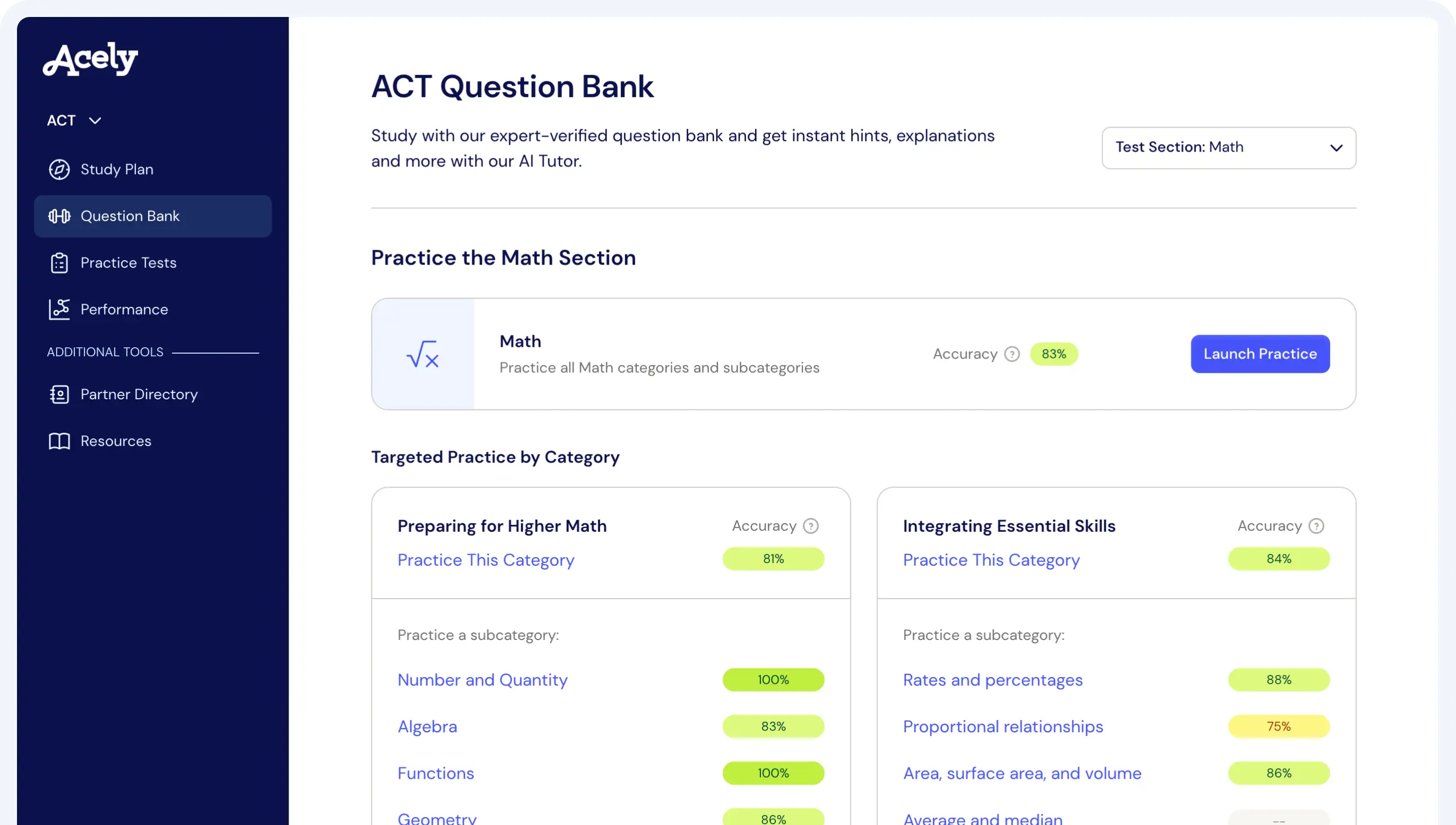 Incublia ACT Practice with study plan and practice by section