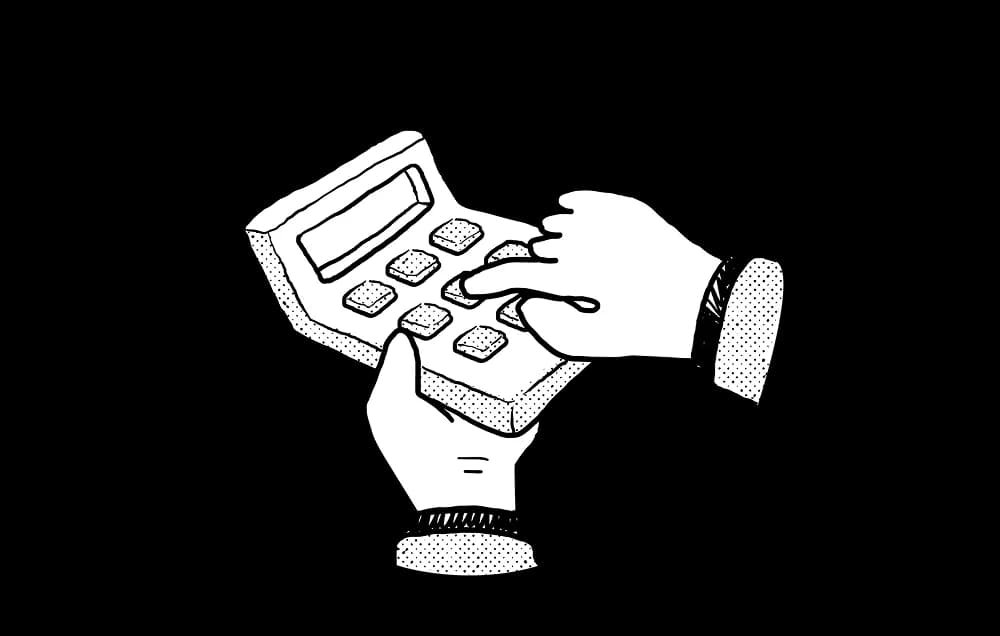 Chalkboard-style illustration of hands using a handheld calculator on a black background