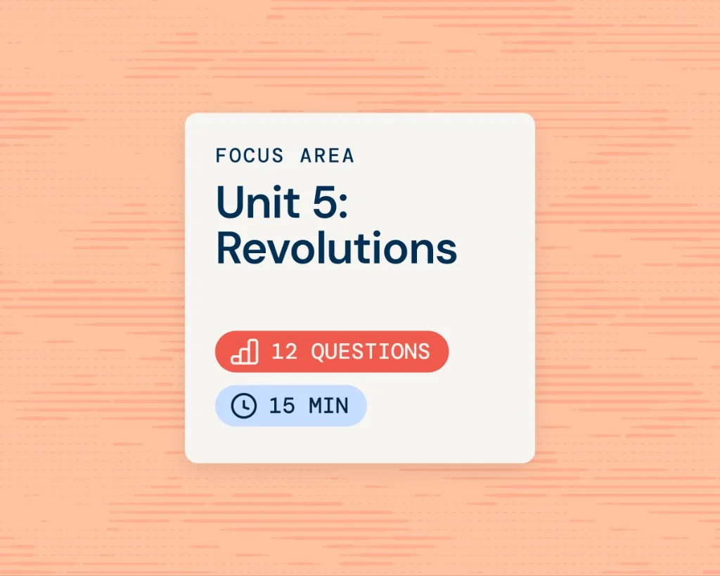 Focus area card for Unit 5: Revolutions with question count and study time on Incublia
