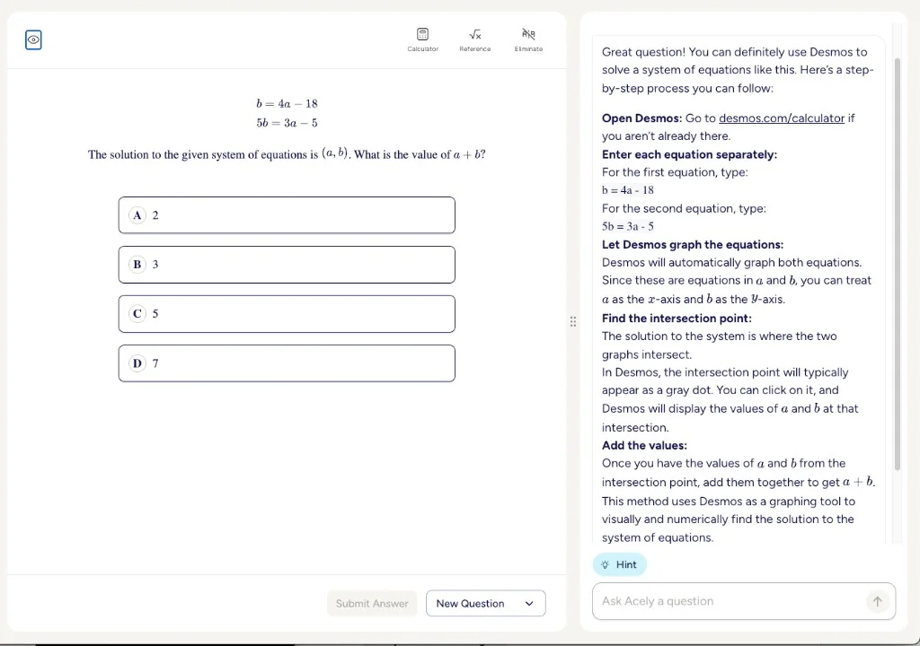 Desmos interface on digital SAT math section: Incublia practice question showing a system of equations (b = 4a - 18, 5b = 3a - 5) with step-by-step Desmos solution for finding the intersection point.