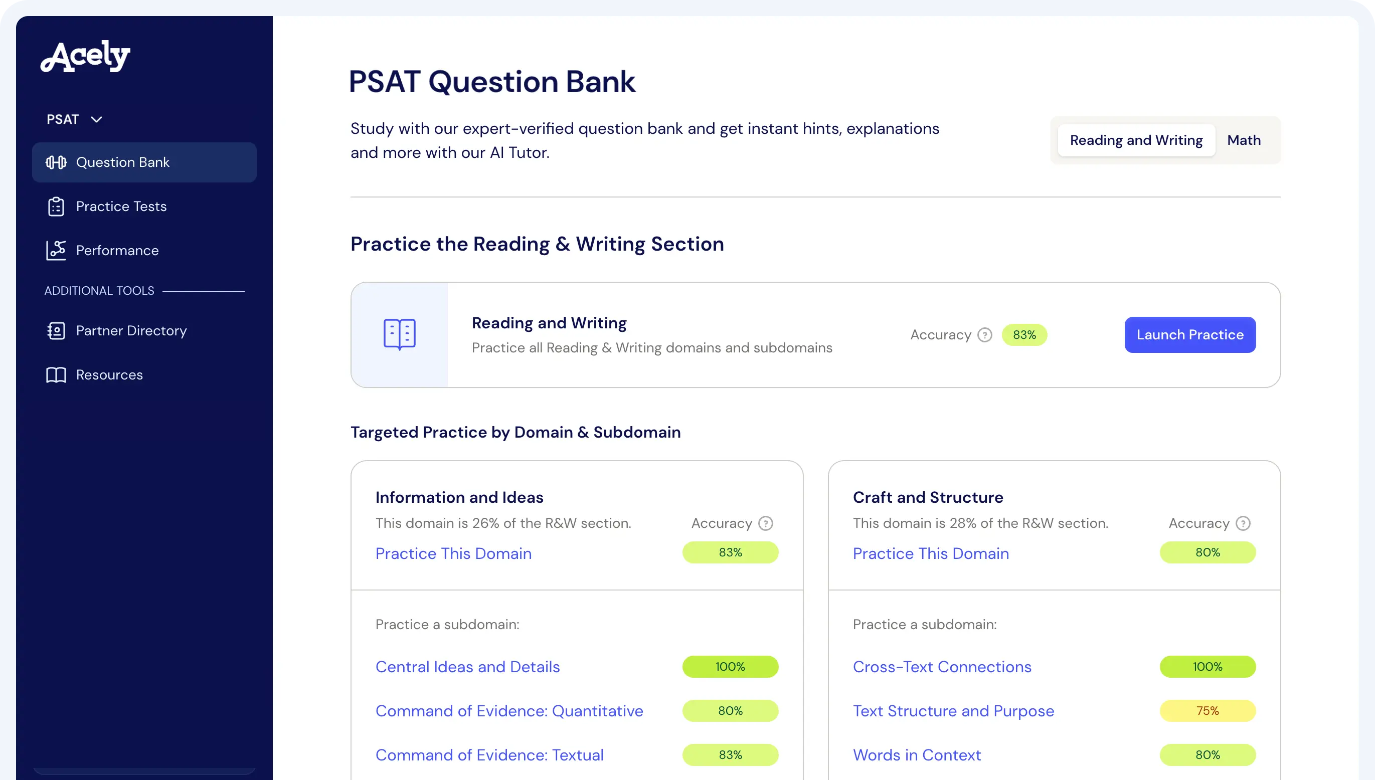 Incublia PSAT Practice dashboard with sidebar navigation, Reading and Writing section, and targeted practice by domain