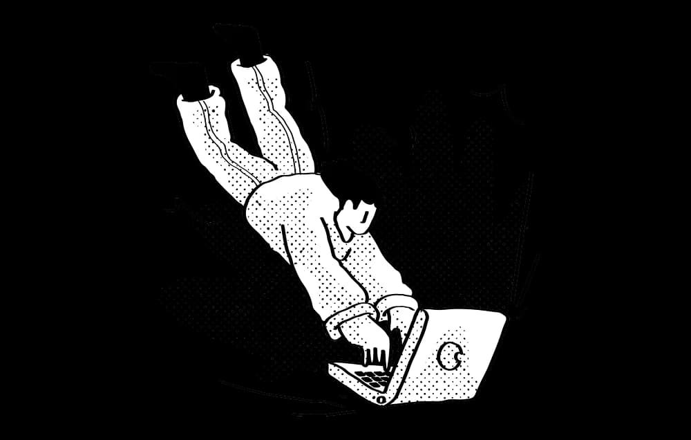 Illustration of a person reaching toward an open laptop in black and white line art