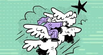 Illustration of a student riding a winged creature toward a star on a mint green background