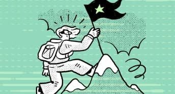 Illustration of a hiker planting a flag with a star on a mountain peak on a light green background