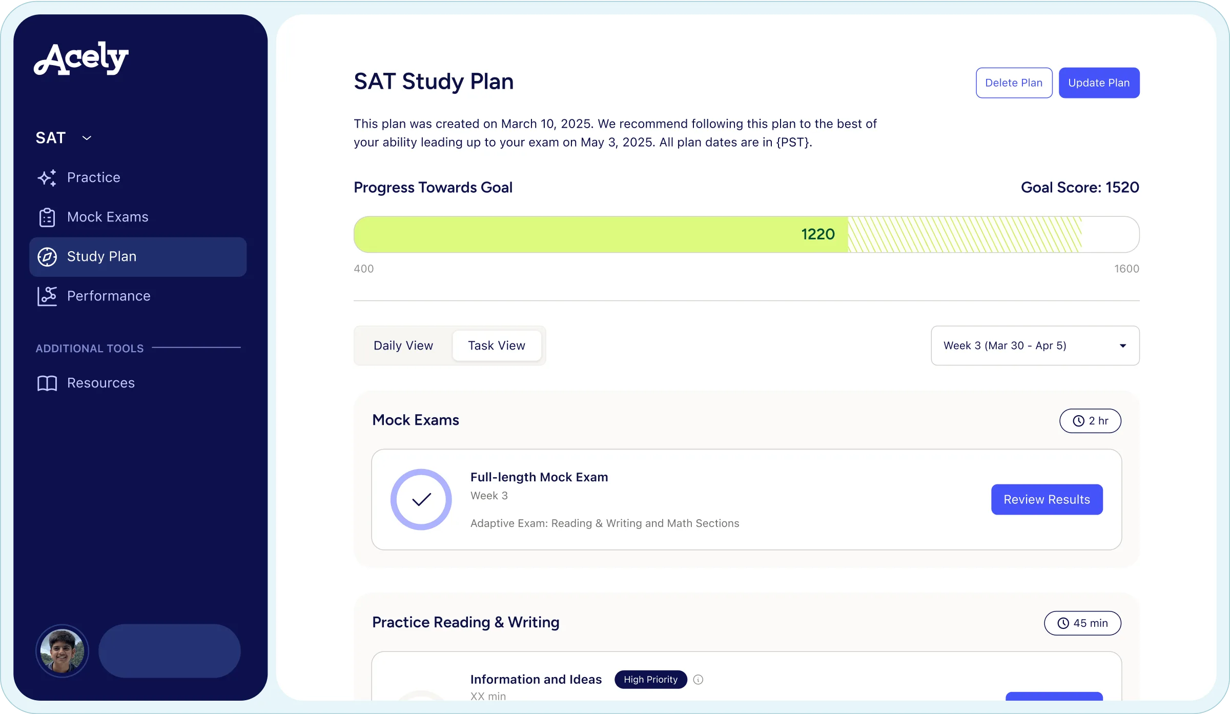 Incublia study plan interface showing personalized test prep progress and section breakdown