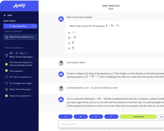 Screenshot of the Incublia test preparation application showing a DSAT math problem with multiple-choice answers, a navigation sidebar, and AI-powered hints for solving the equation.